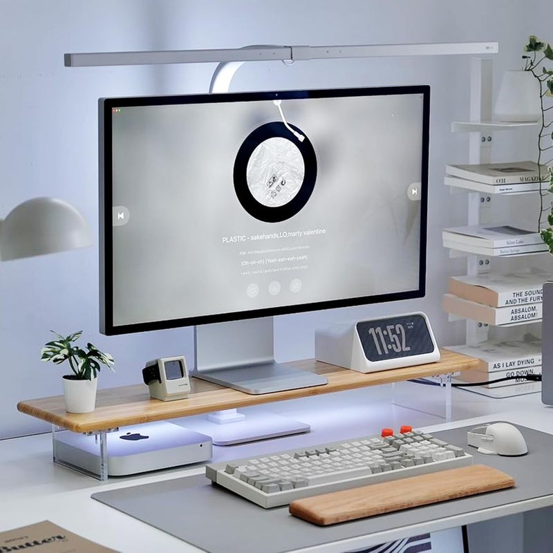 ROCDEER Bamboo Monitor Stand Riser with RGB Lights,31.5 Inches Desktop Shelf with Acrylic Legs Supports for Desk, PC Computer Monitor, Laptops, Printer, Speakers (Natural) - Image 1